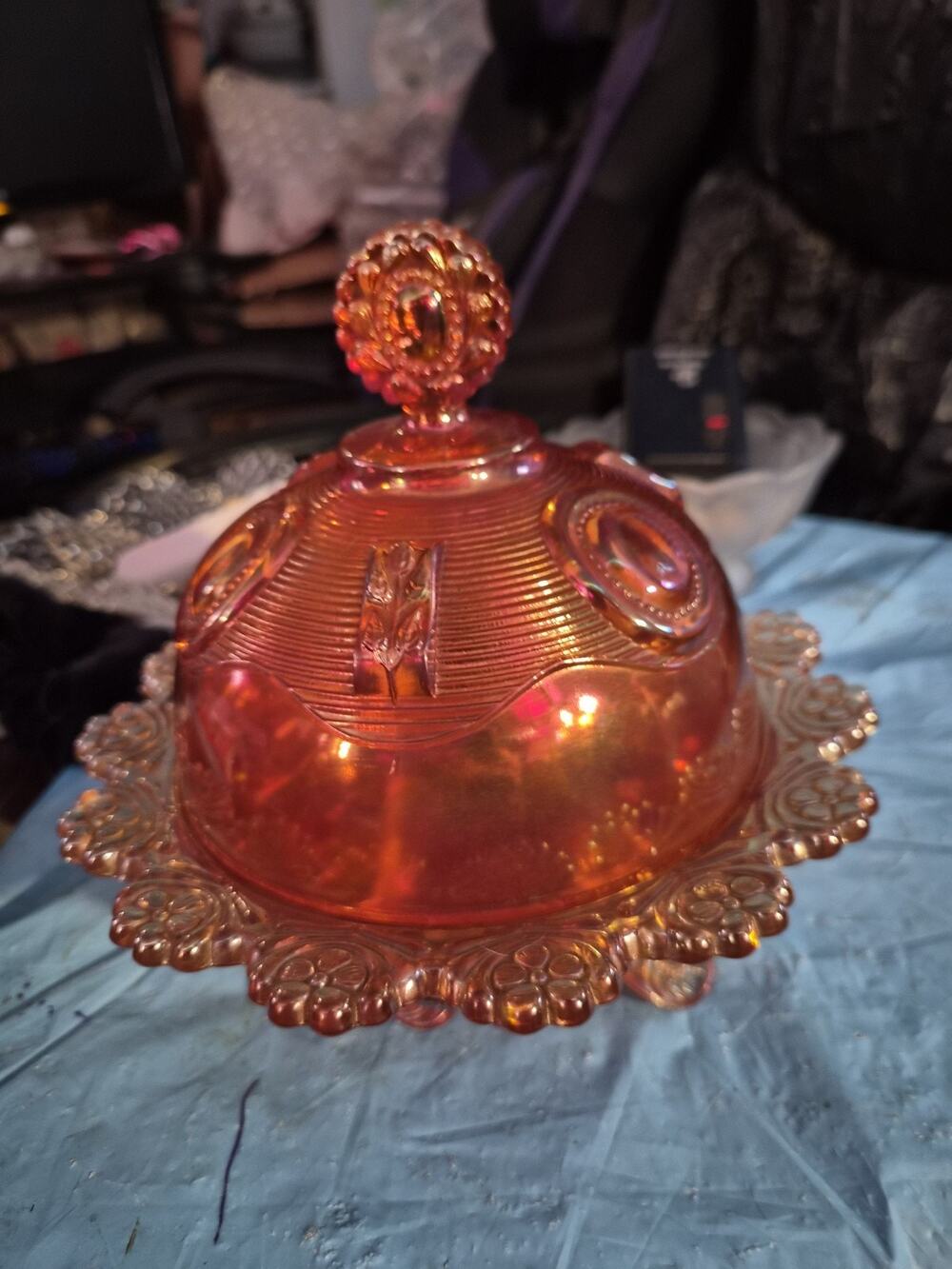 Vintage Imperial Glass Dewey Butter Dish with Lid Marigold Carnival Glass Has